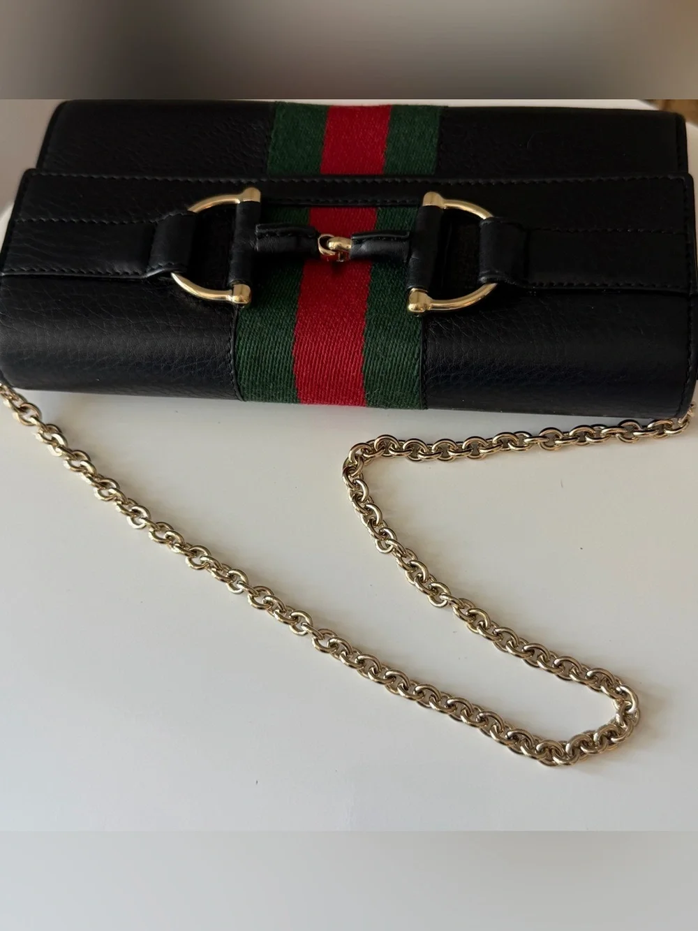 Gucci Horsebit Web Wallet On Chain Black Leather WOC Detachable Strap - Picture 13 of 15